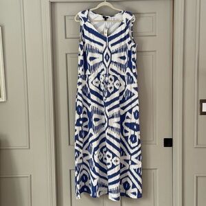 Talbots Ikat Maxi Dress 1X Plus Size Blue White Sleeveless NWT Summer Vacation